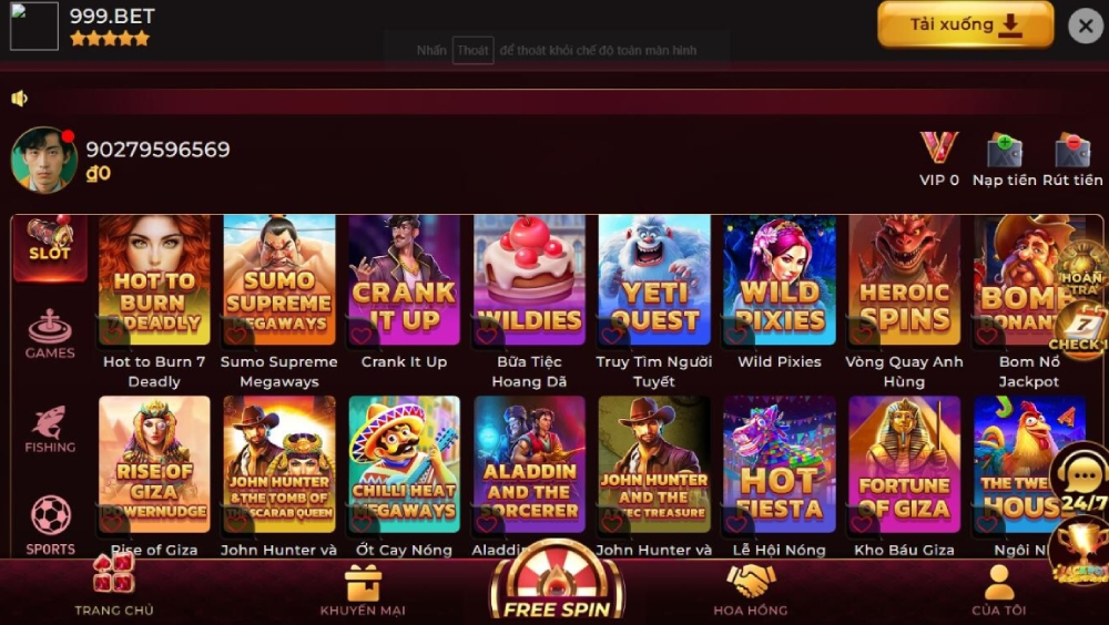 Kho game tại 999bet với hơn 1000 trò chơi đa dạng